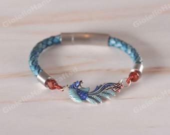 First Layer cow leather with a 925 sterling silver phoenix/Unique pink quartz  bracelet/Spiritual protection-Healing-inner peace bracelet