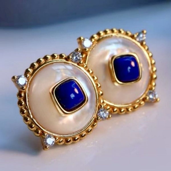 Genuine cushion Lapis Lazuli Stud Earring sterling silver|Statement blue lapis lazuli studs gold\Vintage Earring\Unique blue gemstone stud