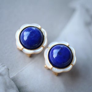 Genuine Lapis Lazuli Studs Earring sterling silver|Statement lapis lazuli studs\Floral petal lapis lazuli studs\Hemisphere Lapis Lazuli stud
