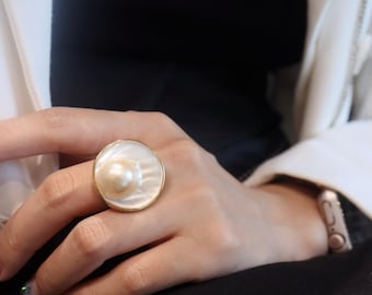Natural big Pearl Ring Silver|Vintage Pearl ring gold|Statement Mabe Pearl ring Women|June Birthstone Pearl ring|Handmade Real Pearl ring