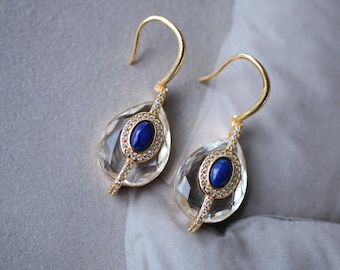 Srebrne kolczyki z lapis lazuli w stylu vintage z białym kwarcem | Naturalne kolczyki z lapis lazuli w stylu art déco \ Unikatowe kolczyki z kamieniem szlachetnym dla urodzeniowej osoby we wrześniu