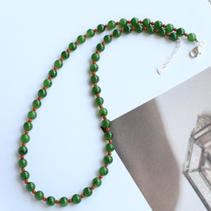 Real Vivid Green Jade Bead Necklace|High Quality Jade with red agate|Stacking Minimalist Jade Necklace women|Perfect Gift For Her|6mm Bead