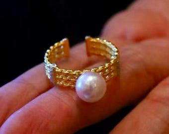 Natural big Pearl Ring Silver|Vintage Antique Pearl ring gold|Statement Pearl ring Women|June Birthstone Pearl ring|Round Real Pearl band