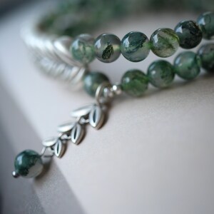 Moss agate bracelet with a 925 silver twig leaf and pendant-Balancing Calming Spiritual Protection-Healing Meditation Anxiety Stress Relief image 8