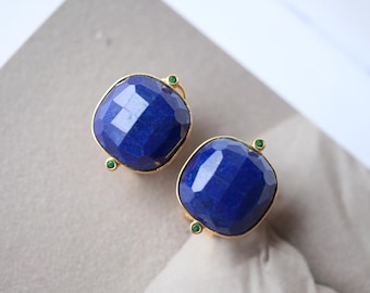 Genuine Square Lapis Lazuli Drop Earring sterling silver|Statement blue lapis lazuli stud gold\Vintage Gemstone Earring\Unique gemstone drop