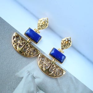 Natural Lapis Lazuli Stud Earring gold plated silver|Vintage medieval lapis lazuli studs\Art deco antique lapis earring\September birthstone