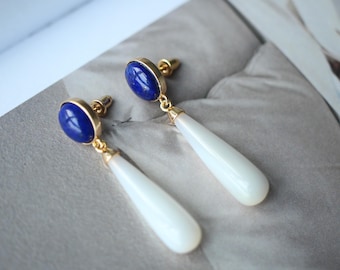 Naturalne kolczyki z lapis lazuli, srebro | Długie kolczyki w kształcie łezki z lapis lazuli w stylu vintage \ Unikatowe kolczyki z lapis lazuli damskie \ Kolczyki z kamieniem szlachetnym Bule