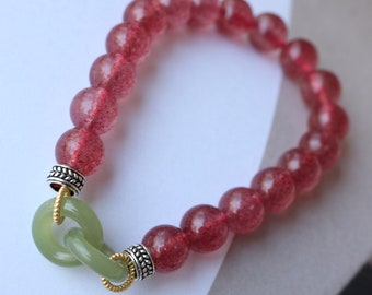 Strawberry quartz with natural green jade bead bracelet/Unique quartz green jade bangle/Spiritual protection-Healing-inner peace bracelet