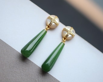 Natürliche Lange Teardrop Grün Nephrit Jade Tropfen Ohrring 925 Silber| Einzigartige Jade Ohrring Frauen/Zierliche Elegante Jade Ohrring/Perfekte Geschenk für Sie