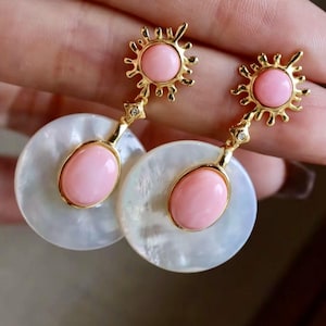 Genuine Pink Queen Conch Shell drop earring silver|Statement Pink Gemstone Jewelry|Unique Earring For Her|Vintage Halo stud Earrings women