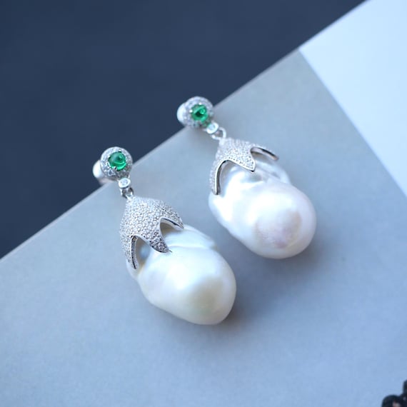 Unique Baroque Pearl Drop Earrings With Zircon Silver|big Natural