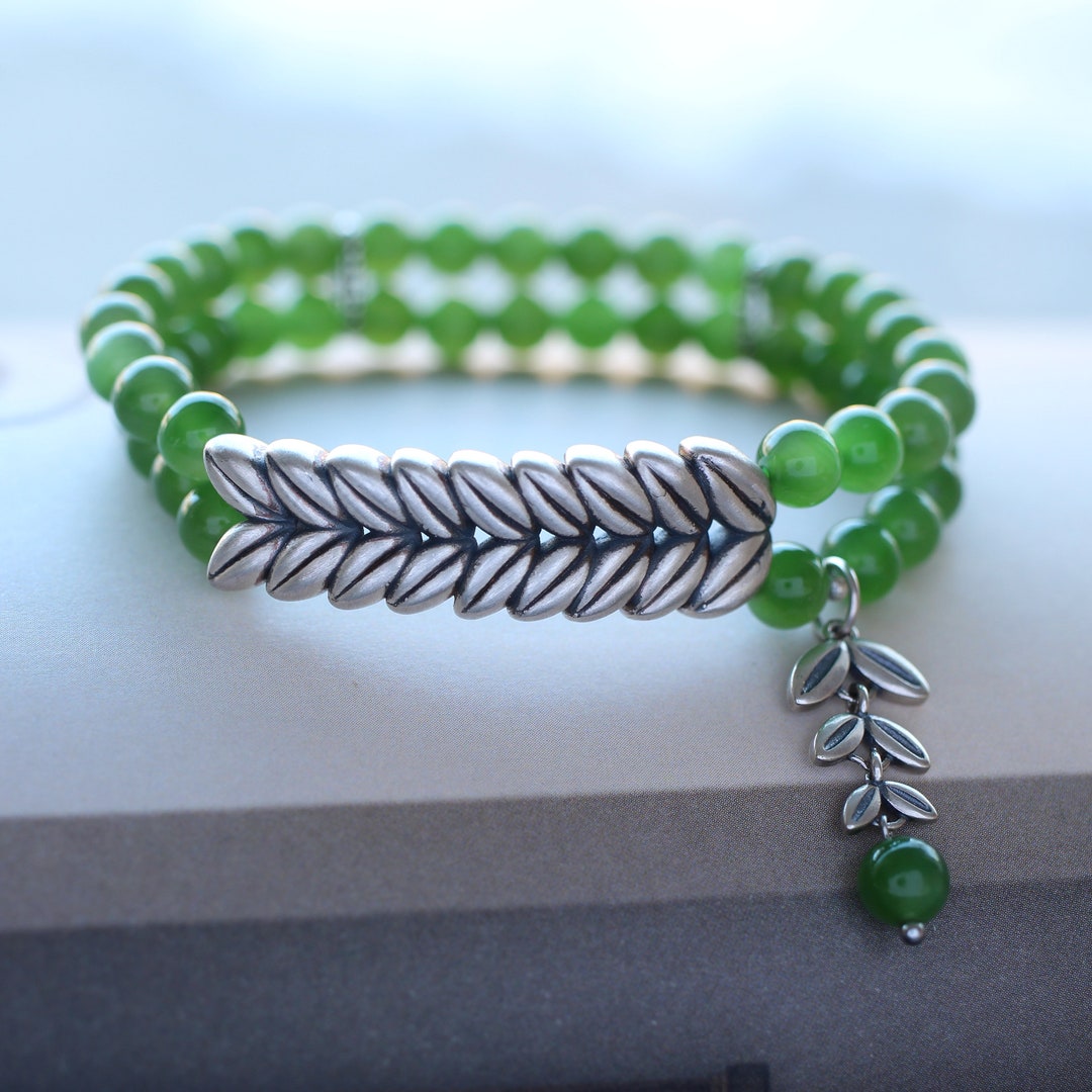 Natural Green Jade Bracelets With Silver Leaf/real Green Jade Bracelets
