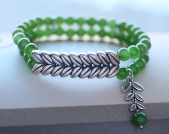 Natural Green Jade bracelets with silver leaf/Real green Jade bracelets/Genuine Nephrite jade bracelet for women/Unique Jade beaded bracelet
