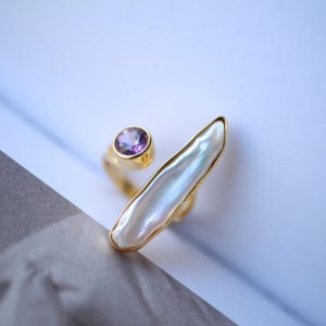 Natural Big Baroque Pearl Ring Silver|Minimalist Simple Pearl ring gold Women|Statement Pearl ring|Unqiue June Birthstone Pearl ring