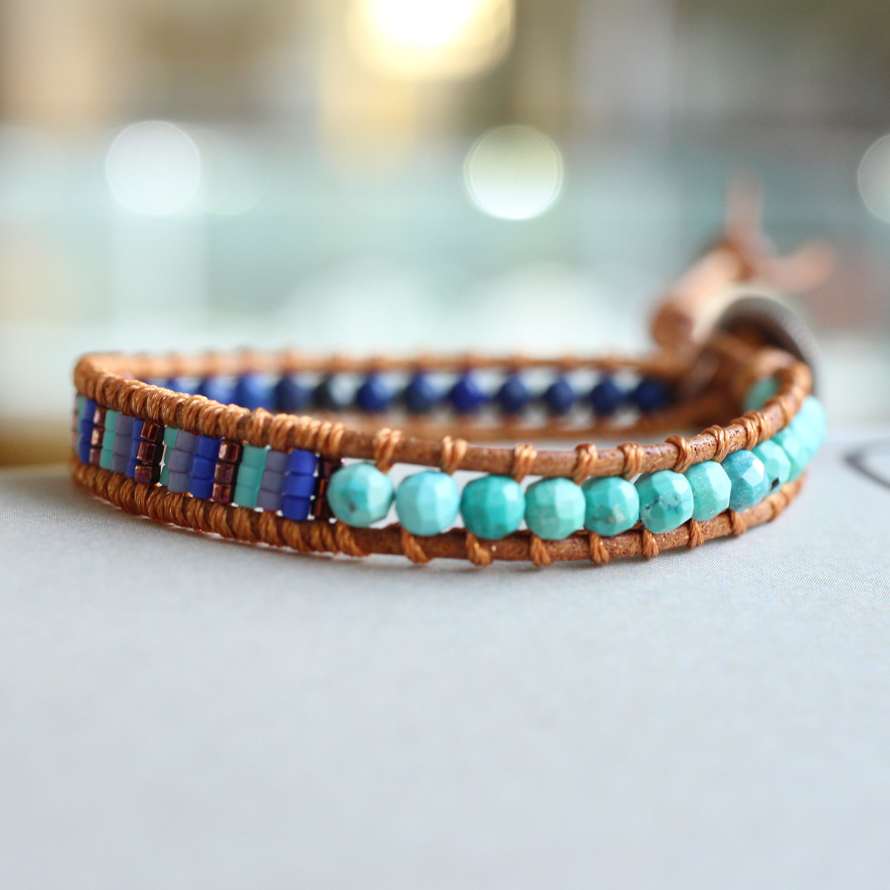 Natural Mongolia Turquoise Bracelet with lapis lazuli and 925 silver closure-boho leather wrap bracelet/Bohemian turquoise bracelet gift