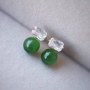 Natural Green Jade Bead Stud Earring 925 Silver|Unique Jade stud Earring Women/Minimalist Handmade Jade Earring/Perfect Gift For Her