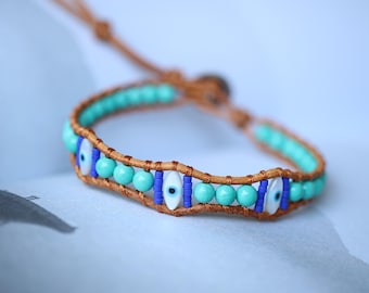 Natural Mongolia Turquoise Bracelet with Shell Evil Eyes and 925 silver closure-boho leather wrap bracelet/Bohemian turquoise bracelet gift