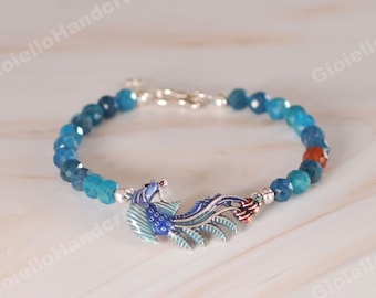 Natural Hexagon cut apatite bracelet with 925 silver phoenix-Balancing Calming Spiritual Protection-Healing Meditation Anxiety Stress Relief