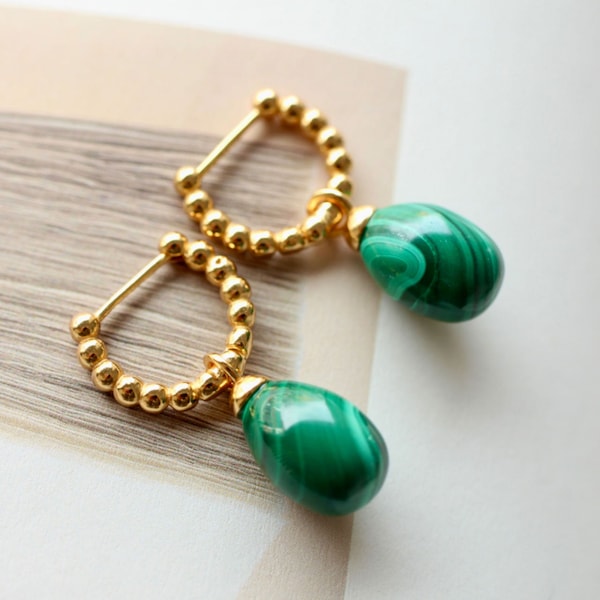 Natural Malachite Pearl Drop Earrings in 925 Silver/Dainty Malachite Hoop Earrings|Malachite Dangle Earrings|Green Earrings/Unique Earrings