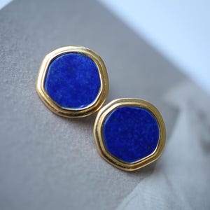 Genuine round Lapis Lazuli Stud Earring sterling silver\Unique Simple Blue Gemstone Earring Women\Minimalist September Birthstone Gift Gold