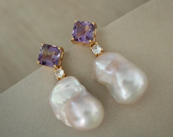 Natural Pearl Drop Earrings With Amethyst Silver|Statement Modern Pearl Drop/Art deco Pearl Drop Women|Unique February Birthstone Gift
