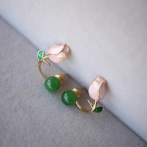 Natural Green Jade Bead Stud Earring 925 Silver|Unique Jade stud Earring Women/Minimalist Handmade Jade Earring/Perfect Gift For Her