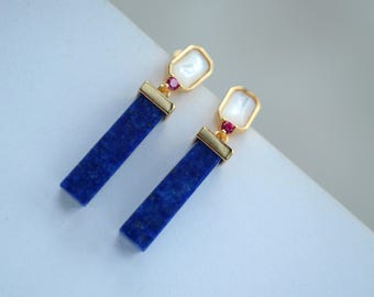 Naturalne kolczyki z lapis lazuli, srebro | Długie, prostokątne kolczyki z lapis lazuli w stylu vintage \ Unikatowe kolczyki z lapis lazuli damskie \ Kolczyki z kamieniem szlachetnym Bule