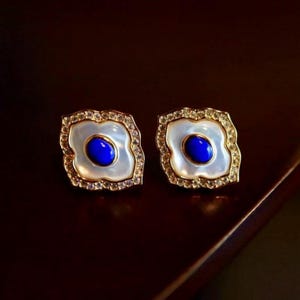 Vintage lapis lazuli rectangle earring silver\Laps lazuli milk earring\Medieval blue gemstone stud earring\Antique dainty lapis lazuli stud