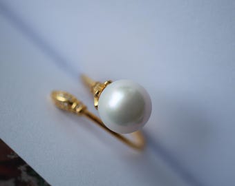 Natural Seawater Akoya Pearl Ring Silver|Art Deco Pearl ring gold|Bypass Pearl ring|June Birthstone Pearl ring\Unique 6mm pearl ring women