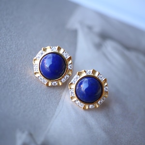 Genuine round Lapis Lazuli Stud Earring sterling silver\Vintage Antique Blue Gemstone Earring Women\Unqiue September Birthstone Gift Gold