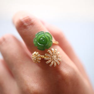 Authentic Floral Green Nephrite Jade Ring Women|Natural Jade Cluster Ring|Unqiue Elegant Jade Beads Ring\Hand Carved High End Untreated Jade