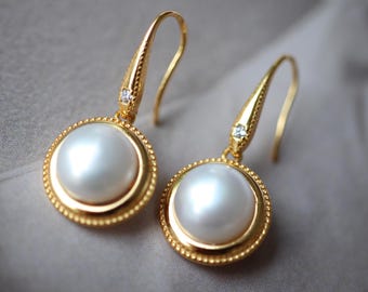 Unique Freshwater Pearl Drop Earrings gold plated silver|Natural Real Pearl Earrings|Vintage Pearl Earrings|Bezel Pearl Drop Earrings women