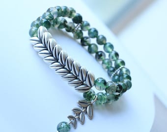 Moss agate bracelet with a 925 silver twig leaf and pendant-Balancing Calming Spiritual Protection-Healing Meditation Anxiety Stress Relief