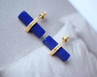 Unique Lapis Lazuli Stud Earring sterling silver|Blue lapis lazuli studs gold\Vintage Gemstone Earring\Stick Earrings\Best Gift For Her