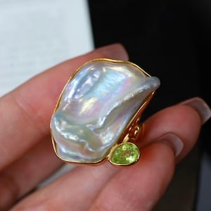 Natürlicher großer Barockperlenring Silber|Art-Deco-weiße Perle Ring Gold Frauen|Statement Perle Ring|Unikat Juni Birthstone Perle Ring Schmuck