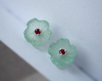 Natural Floral Green Jade Stud Earring with ruby 925 Silver|Unique Petal Jade ruby Earring Women/Dainty tiny jade studs\Handcarved Jade Stud