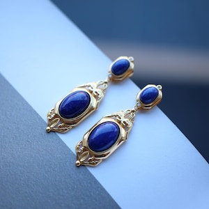 Vintage Lapis Lazuli Drop Gold Plated silver|Natural lapis lazuli Earrings women\Unique Blue Gemstone Earring\Art deco lapis lazuli Earrings