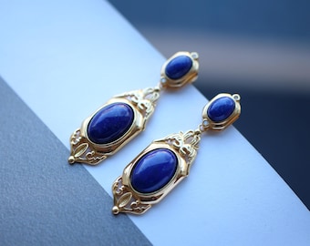 Vintage Lapis Lazuli Drop Gold Plated silver|Natural lapis lazuli Earrings women\Unique Blue Gemstone Earring\Art deco lapis lazuli Earrings