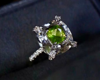 Anillo de peridoto verde auténtico/Anillo único de cuarzo verde/Anillos de cuarzo tallados a mano/Anillo de cuarzo Art Déco para mujer