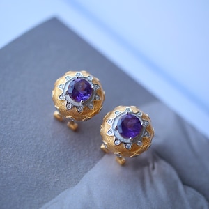Natural amethyst stud earring women/Unique vintage amethyst stud earring/Art deco amethyst earring|Handmade amethyst stud earring silver