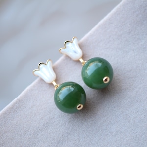 Natural Green Jade Bead Stud Earring 925 Silver|Unique Jade stud Earring Women/Minimalist Handmade Jade Earring/Perfect Gift For Her