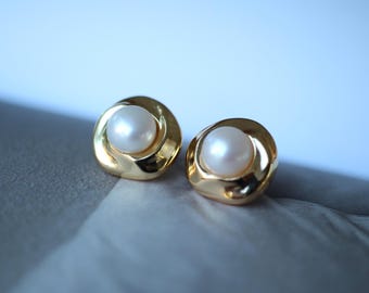 Vintage freshwater pearl stud earrings sterling silver|Real Pearl Studs Earrings gold|Antique Pearl Earrings\Art Deco Pearl Earrings Gold