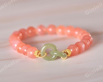 Pulsera de ágata roja natural con círculos entrelazados de jade natural tallados a mano - Equilibrio, calma, protección espiritual, sanación, meditación, oración.