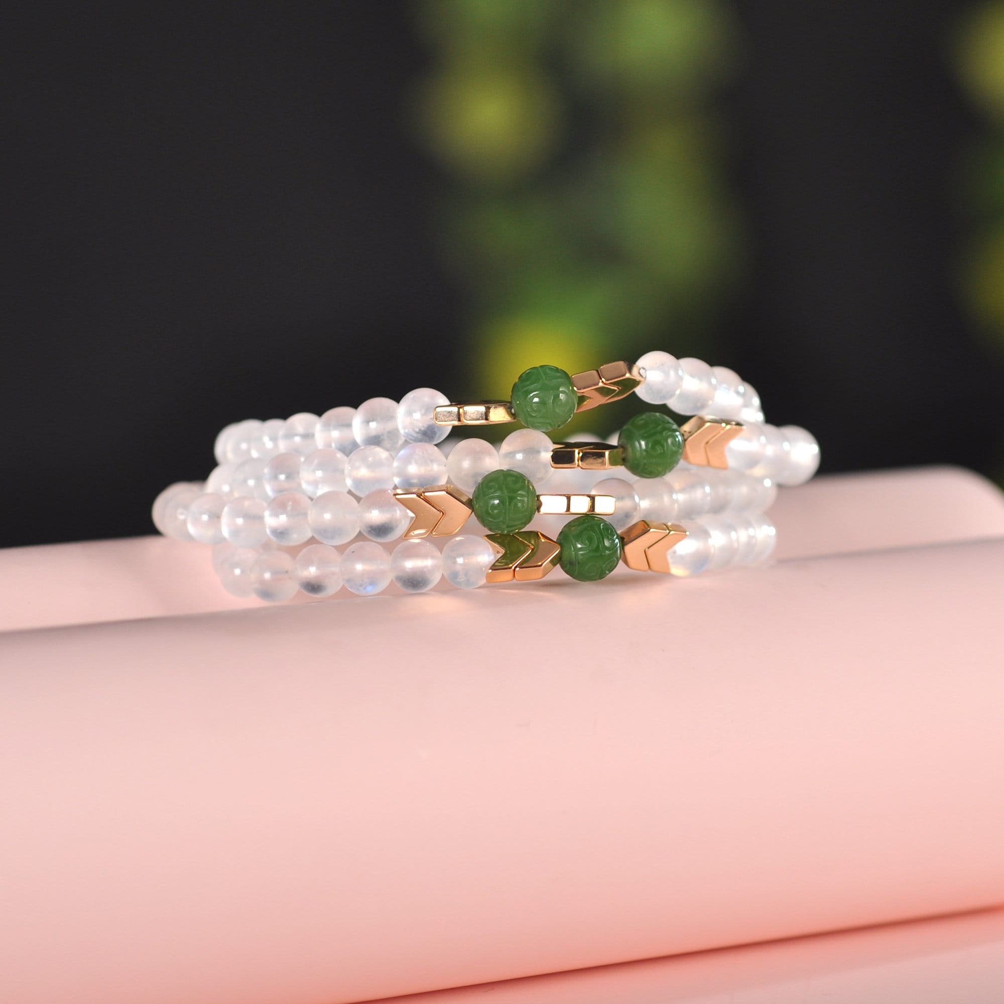 Natural Moonstone Bracelet With Hand Carved Jade Beads/unique