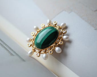 Natural Malachite Pearl brooch pin for women/Vintage Malachite brooch silver|Unique malachite jewelry women|Statement brooch antique