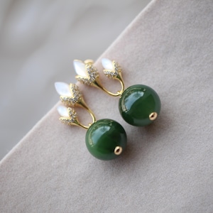 Natural Green Jade Bead Stud Earring 925 Silver|Unique Jade stud Earring Women/Minimalist Handmade Jade Earring/Perfect Gift For Her