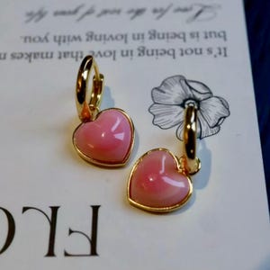 Può includere: Un paio di orecchini a forma di cuore. Ogni orecchino presenta un ciondolo a forma di cuore rosa con una cornice dorata e un cerchio dorato. Gli orecchini sono esposti su una superficie bianca con testo e un'illustrazione floreale.