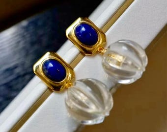 Srebrne kolczyki z lapis lazuli w stylu vintage z białym kwarcem | Naturalne kolczyki z lapis lazuli w stylu art déco \ Unikatowe kolczyki z kamieniem szlachetnym dla urodzeniowej osoby we wrześniu