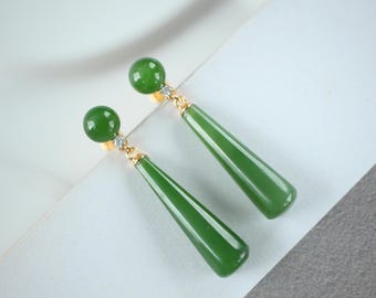 Natürliche Lange Teardrop Grün Nephrit Jade Tropfen Ohrring 925 Silber| Einzigartige Jade Ohrring Frauen/Zierliche Elegante Jade Ohrring/Perfekte Geschenk für Sie