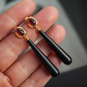 Natural Long Teardrop Black Agate Earrings Silver|Unique Long Pear Black Gemstone Earrings Women|Statement Black Agate with Garnet Earring